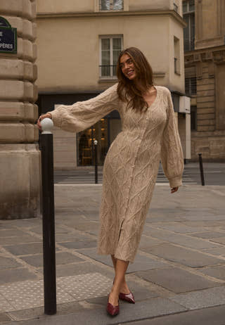 Cable Knitted Volume Sleeve Cardigan Dress