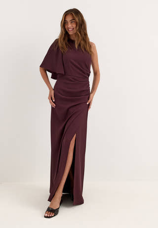 Ruched One Shoulder Gown Red