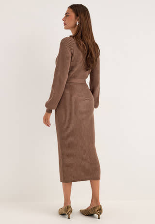 Rib Knitted Cardigan Dress Brown