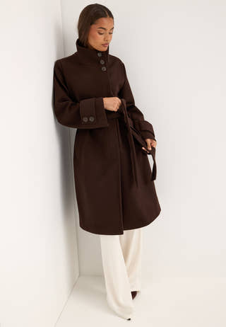 High Neck Midi Coat Brown