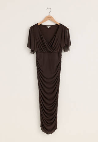 Butterfly Sleeve Mesh Ankle Dress Brown