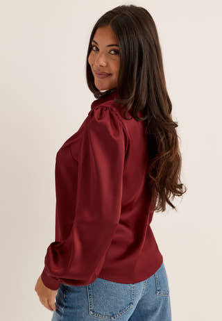 Puff Sleeve Satin Shirt Red