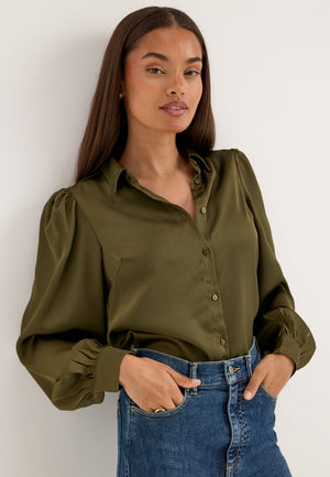 Puff Sleeve Satin Shirt Green