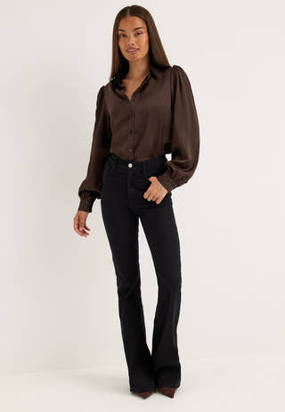 Puff Sleeve Satin Shirt Brown