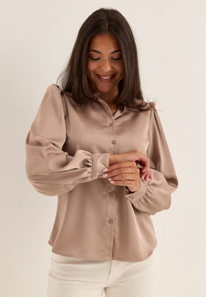 Puff Sleeve Satin Shirt Beige