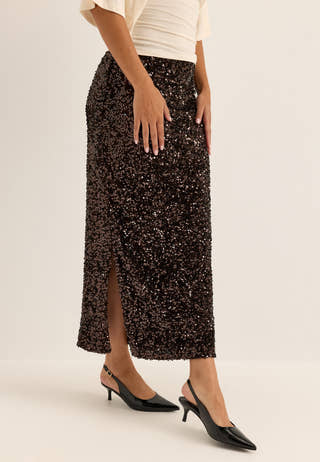 Straight Ankle Sequin Skirt Brown