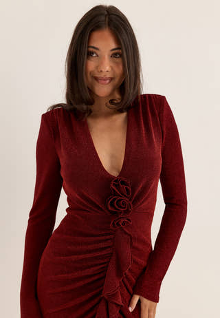 Sparkling Low V-neck Slit Gown Red