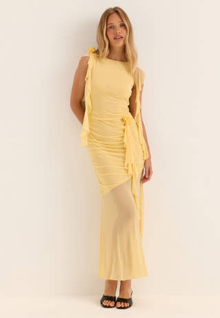 Ruched Frill Ankle Dress Yellow