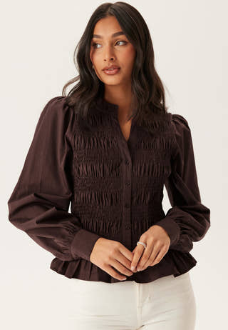 V-neck Cotton Smock Blouse Brown