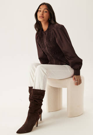 V-neck Cotton Smock Blouse Brown