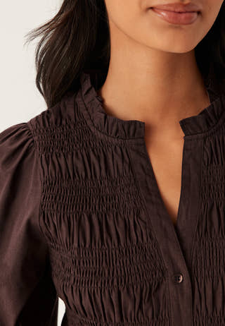 V-neck Cotton Smock Blouse Brown