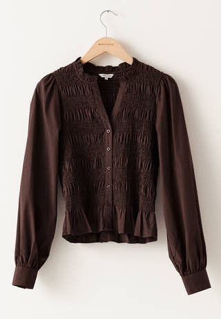 V-neck Cotton Smock Blouse Brown