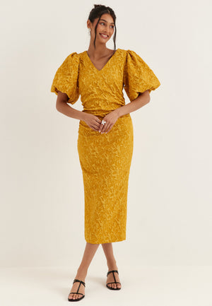 Puff Sleeve Jacquard Midi Dress Yellow