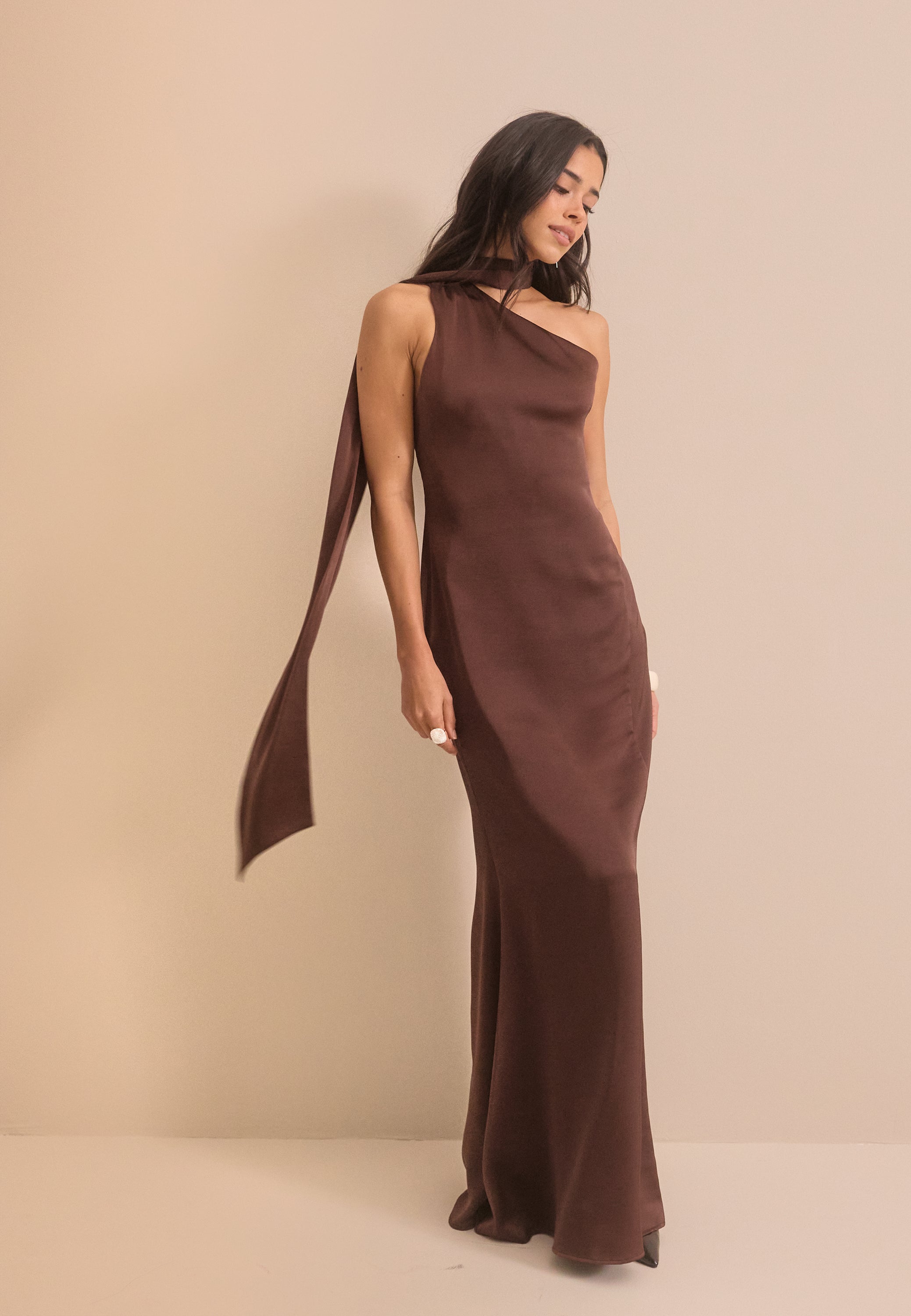 Bubbleroom occasion One Shoulder Scarf Satin Gown Bridesmaid dresses Brown Bubbleroom occasion One Shoulder Scarf Satin Gown Bridesmaid dresses Brown