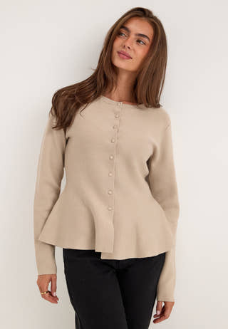 Knitted Peplum Cardigan Beige