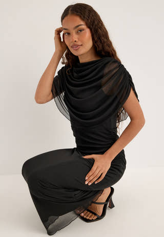 Cape Mesh Ankle Dress Black