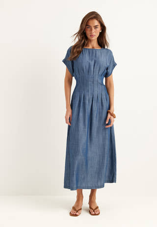 Denim Pleated Midi Dress