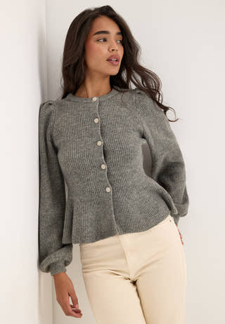 Pcsilly Ls Puff Knit Cardigan Grey