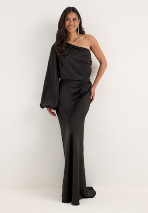 One Shoulder Satin Gown Black
