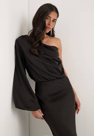 One Shoulder Satin Gown Black