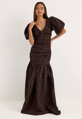 Puff Sleeve V-neck Jaqcuard Gown Brown