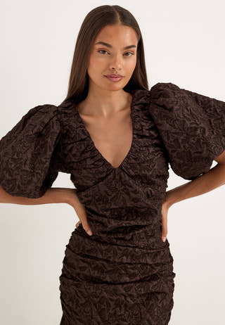 Puff Sleeve V-neck Jaqcuard Gown Brown