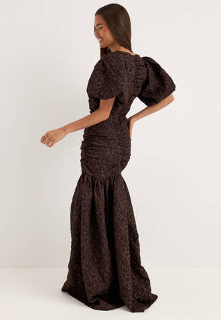 Puff Sleeve V-neck Jaqcuard Gown Brown