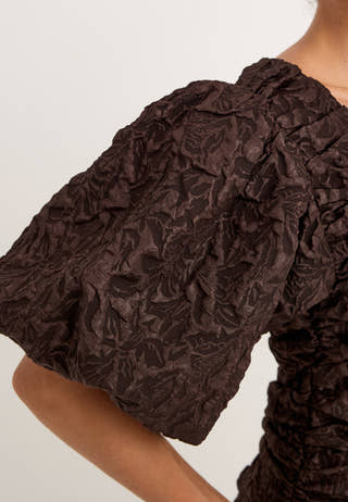 Puff Sleeve V-neck Jaqcuard Gown Brown