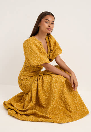 Puff Sleeve V-neck Jaqcuard Gown Yellow