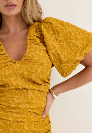 Puff Sleeve V-neck Jaqcuard Gown Yellow