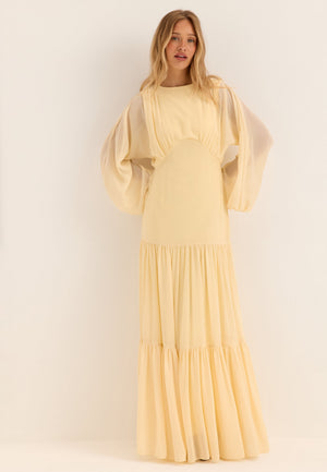 Batwing Chiffon Tiered Maxi Dress Yellow