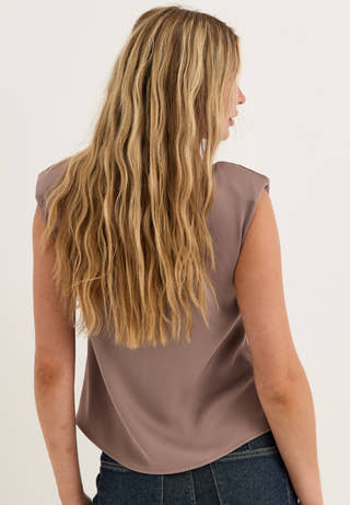 Cap Sleeve Satin Blouse Beige