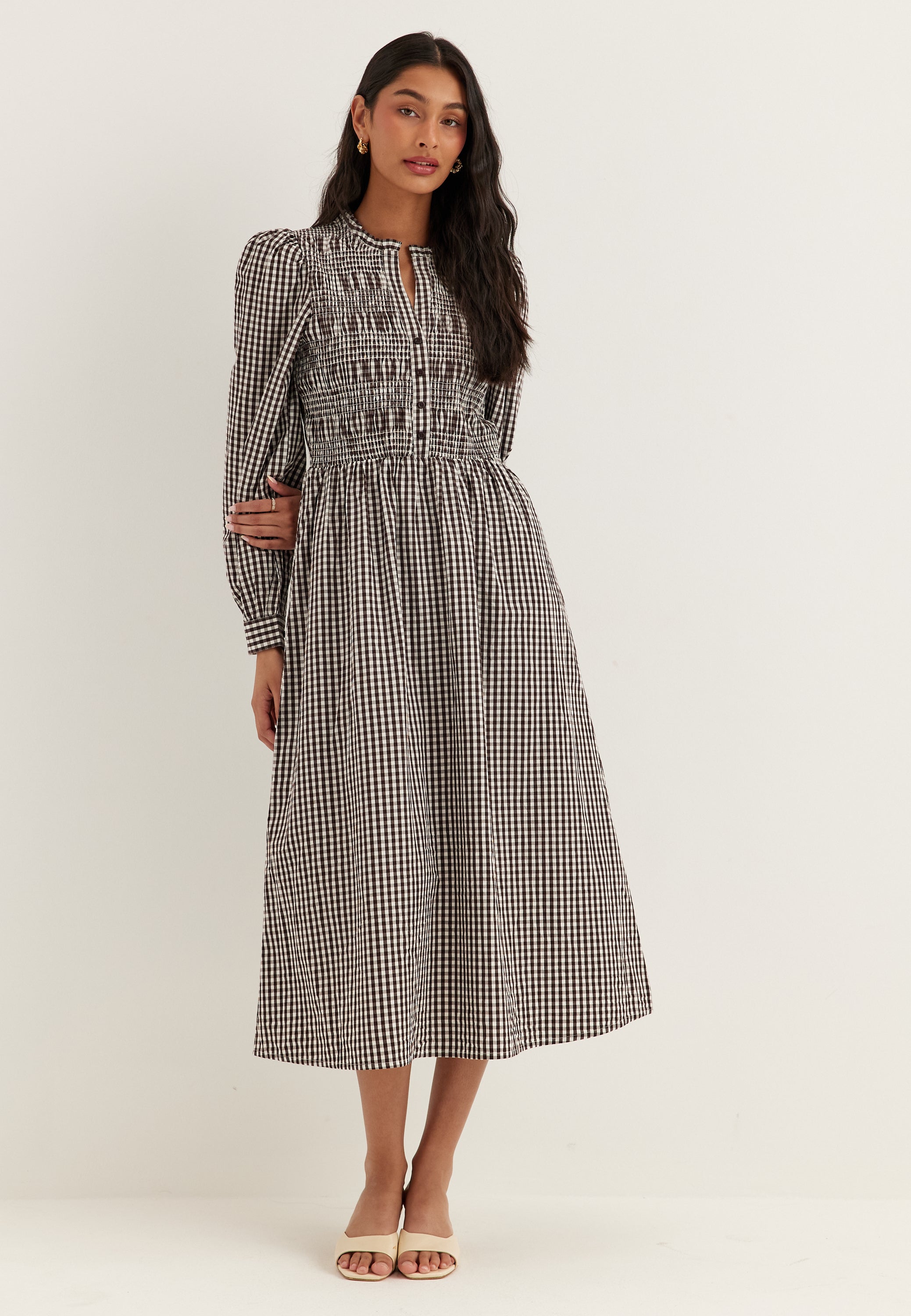 patterned smock dress Altamira Midi Dress: Shop Elegant Lace Dresses M/L S/M Shoulder to hem Smocked Dress I Smock Dress
