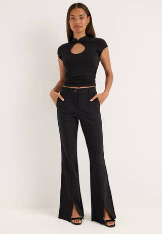 Mid Waist Stretchy Flared Slit Trousers Black