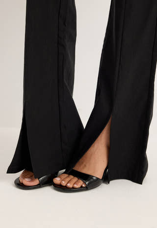 Mid Waist Stretchy Flared Slit Trousers Black