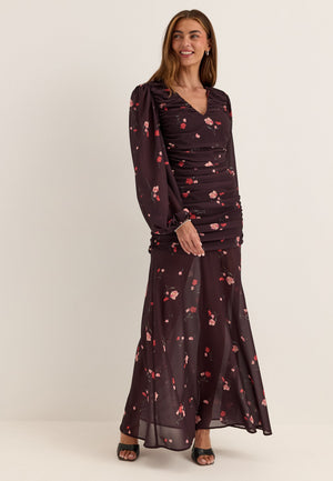 Balloon Sleeve Chiffon Maxi Dress Patterned