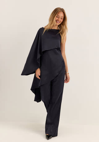 Asymmetric One Shoulder Satin Top Blue