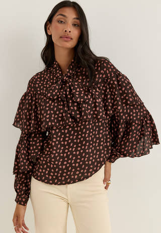 Flounce Tie Blouse Patterned