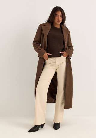 Shaped Wool Blend Coat Brown