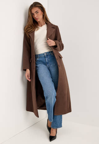 Shaped Wool Blend Coat Brown