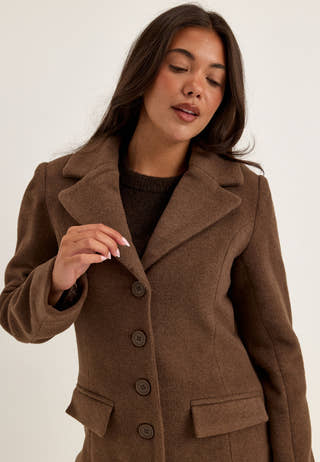 Shaped Wool Blend Coat Brown