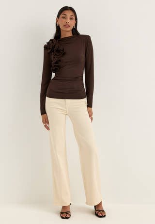 Flounce long Sleeve Top Brown