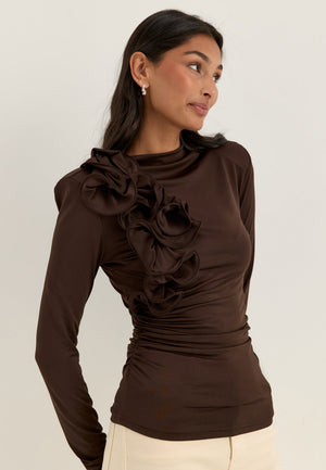 Flounce long Sleeve Top Brown