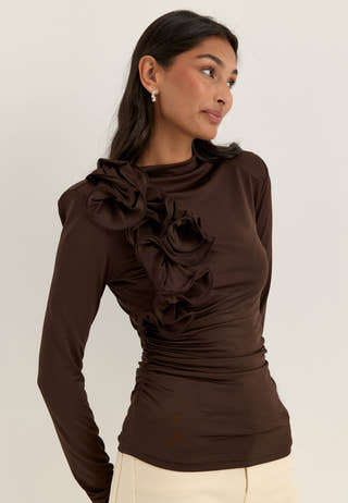 Flounce long Sleeve Top Brown