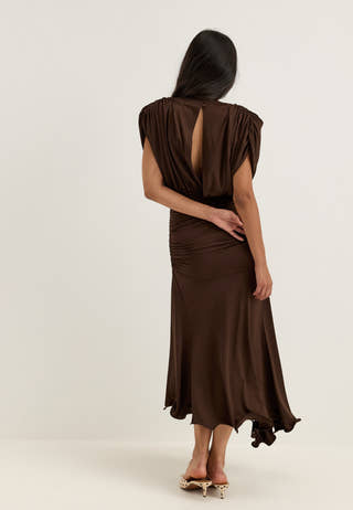 Asymmetric Flounce Soft Dress Brown