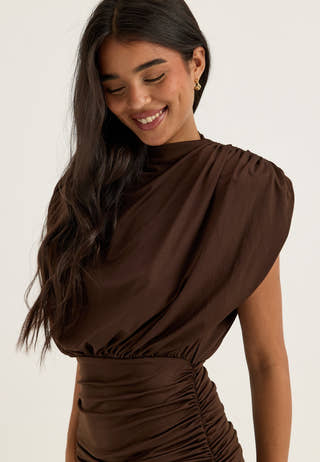 Asymmetric Flounce Soft Dress Brown