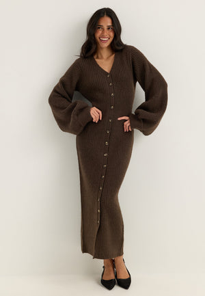 Knitted Volume Sleeve Cardigan Dress Brown
