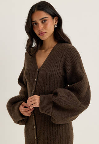 Knitted Volume Sleeve Cardigan Dress Brown