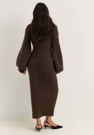Knitted Volume Sleeve Cardigan Dress Brown