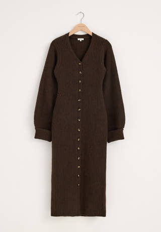 Knitted Volume Sleeve Cardigan Dress Brown